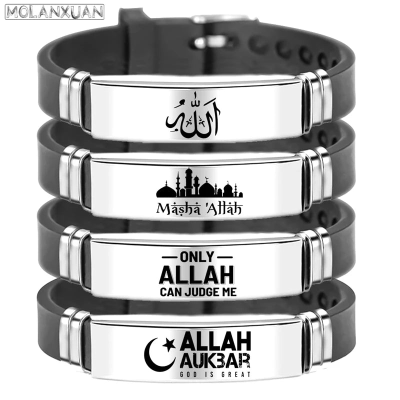 Muslim Islam Allah Bracelet Bangle Engraved Arabic Shahada Stainless Steel Silicone Bracelets For Men Women Religious Jewelry