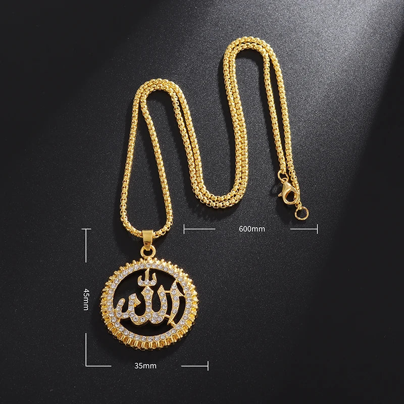 Classic Religious Style Round Allah Logo Pendant Necklace Gold Color High Quality Metal Rhinestones Necklace Islamic Jewelry