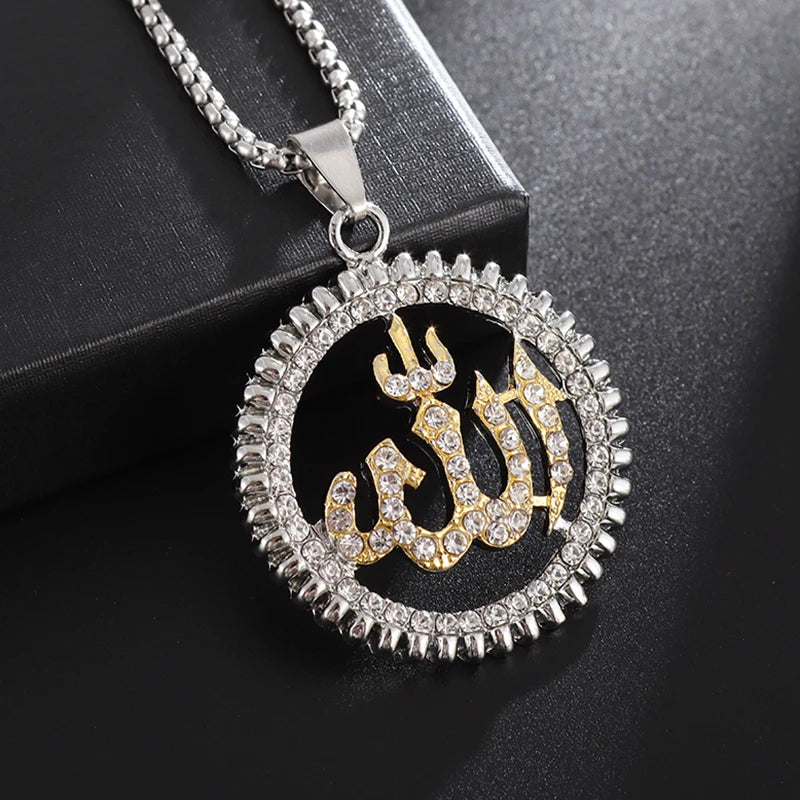 Classic Religious Style Round Allah Logo Pendant Necklace Gold Color High Quality Metal Rhinestones Necklace Islamic Jewelry