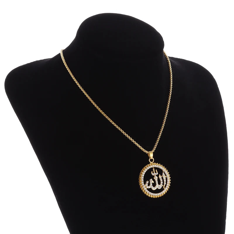 Classic Religious Style Round Allah Logo Pendant Necklace Gold Color High Quality Metal Rhinestones Necklace Islamic Jewelry