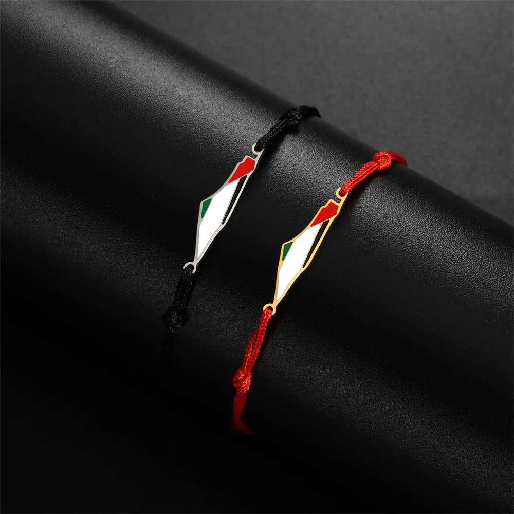 My Shape Palestine Map Flag Bracelets Red Black Braid String Rope Stainless Steel Charms Country Geography Map Bangle Jewelry