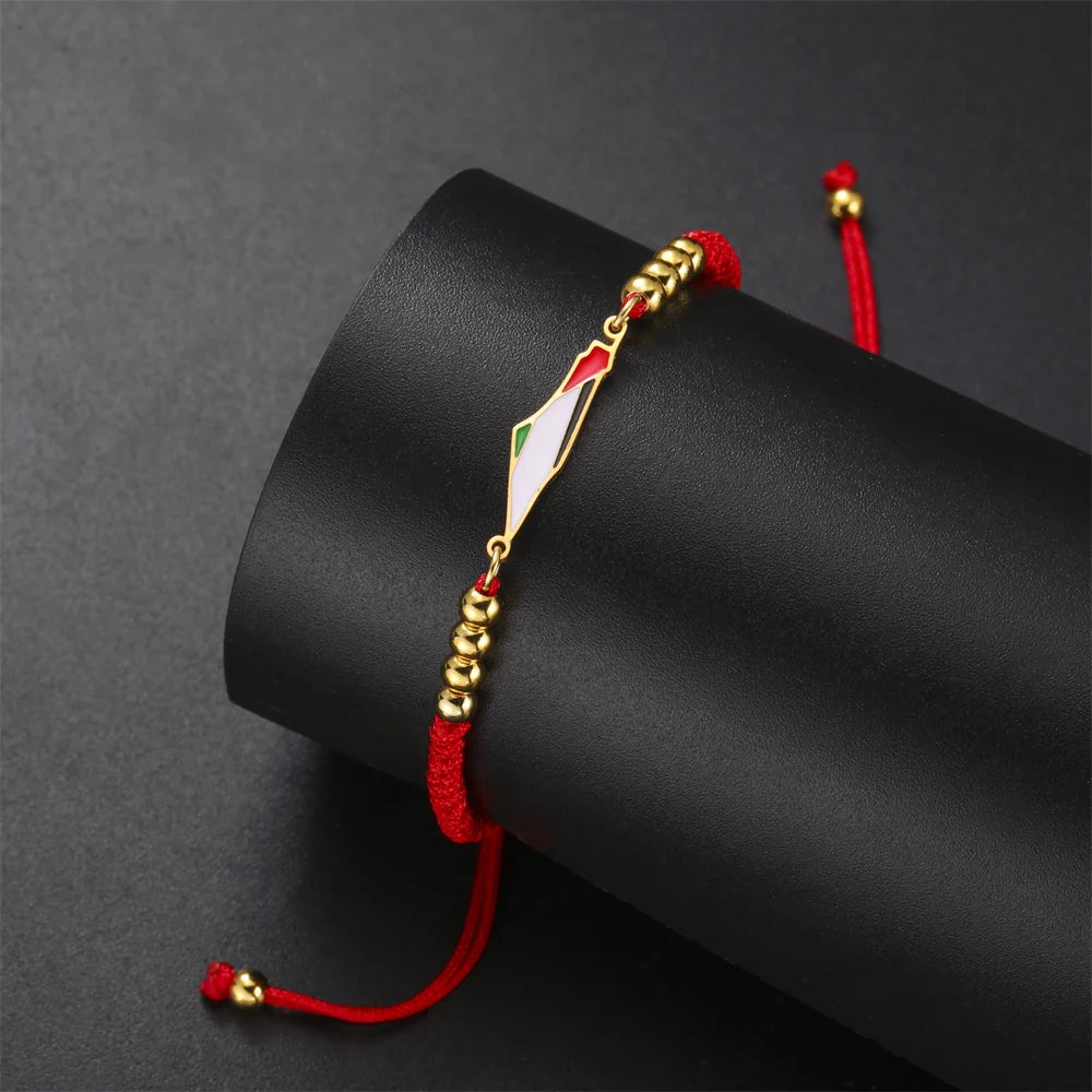 My Shape Palestine Map Flag Bracelets Red Black Braid String Rope Stainless Steel Charms Country Geography Map Bangle Jewelry