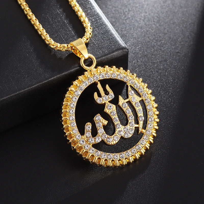 Classic Religious Style Round Allah Logo Pendant Necklace Gold Color High Quality Metal Rhinestones Necklace Islamic Jewelry