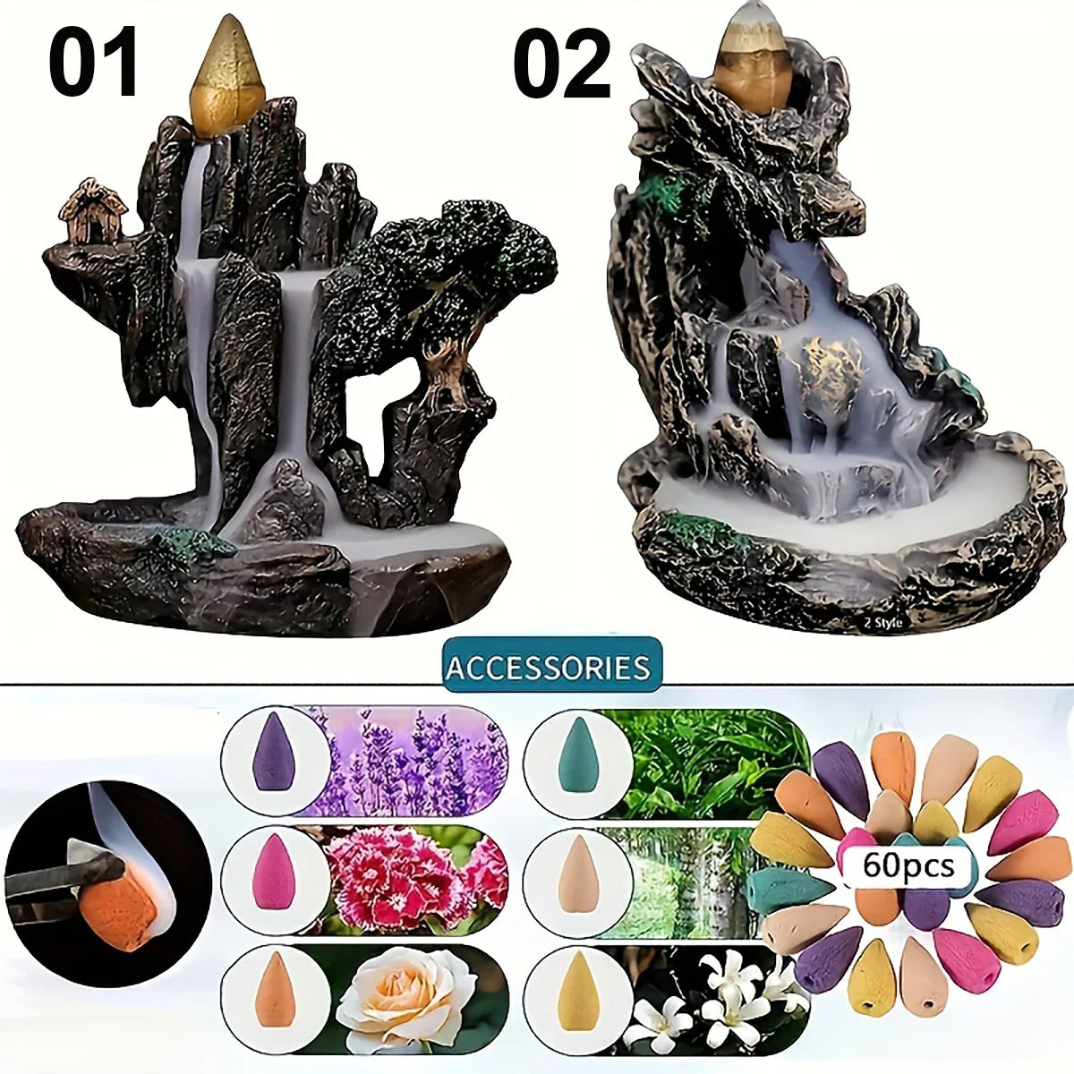 1pc Mountains River Waterfall Incense Burner Fountain Backflow Aroma Smoke Censer Holder