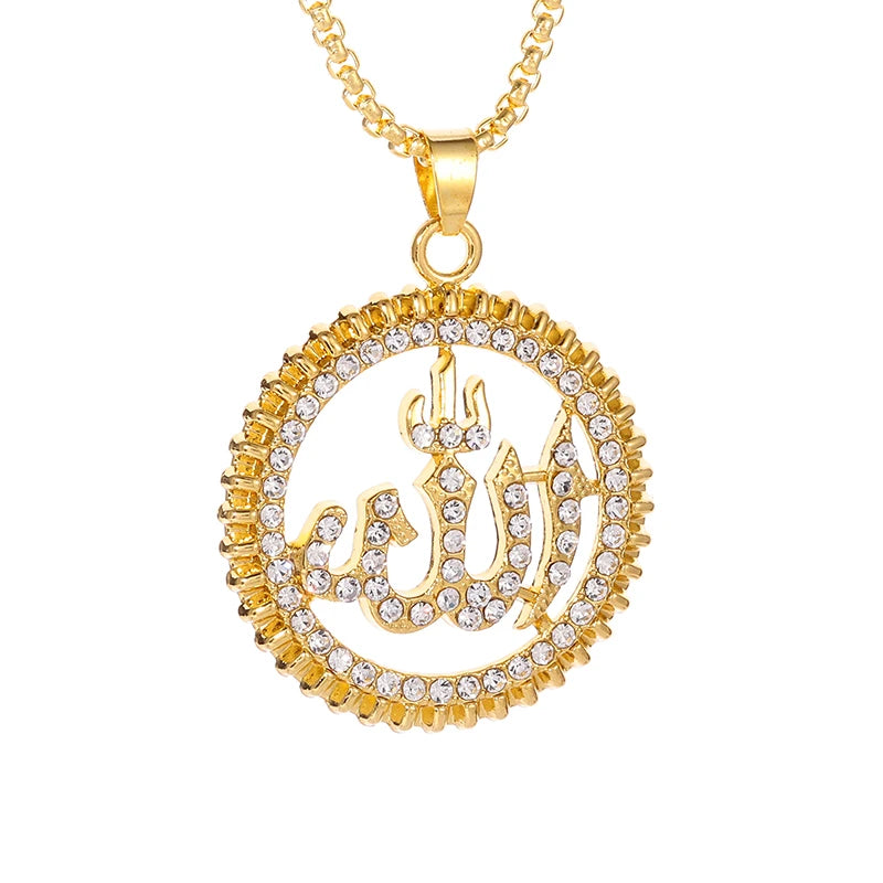 Classic Religious Style Round Allah Logo Pendant Necklace Gold Color High Quality Metal Rhinestones Necklace Islamic Jewelry